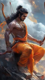 Warrior archer in saffron robes rests on a rocky summit.