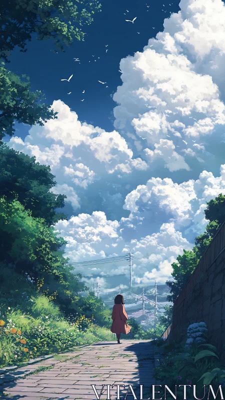 Anime pastoral walkway under expansive cumulus sky perspective.