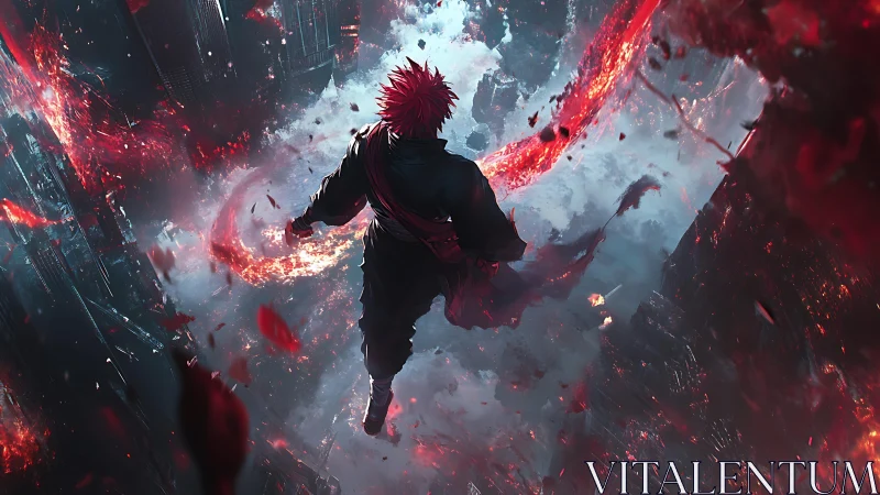 Red haired warrior descends through burning futuristic abyss