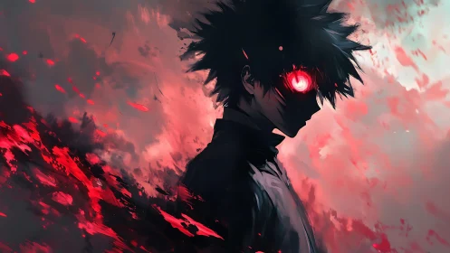 Dark anime figure with glowing red eye stands in swirling mist