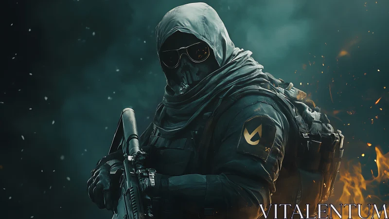 Hooded tactical soldier in burning battlefield smoke.