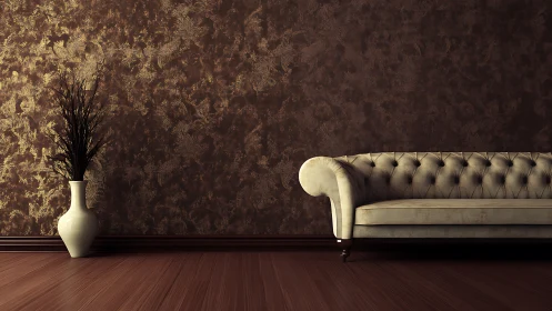 Neutral interior with tufted sofa and vase against textured wall.