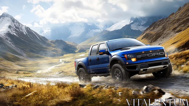 Blue mountain truck roars along stormy alpine dirt trail.