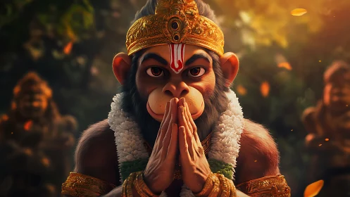 Gentle monkey deity in golden crown offering a serene namaste.