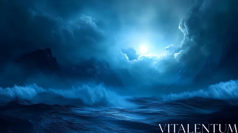 Moonlit tempest over dark ocean waves under storm clouds