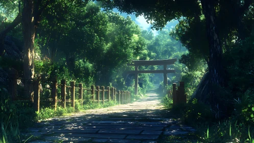 Forest path leading toward traditional wooden torii gate.