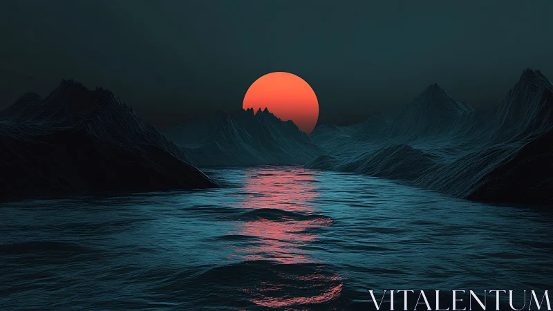 Neon red sun sinks over dark polygonal ocean peaks.