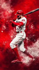 Dynamic red baseball slugger in explosive motion portrait.