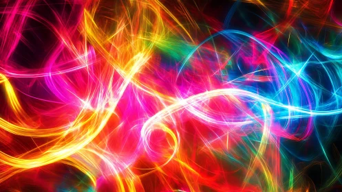 Glowing neon light trails swirling in a joyful color dance.