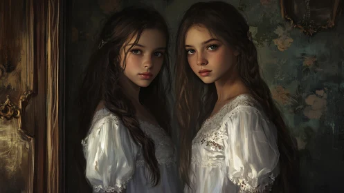 Twin girls stand in dim vintage room, bathed in soft glow