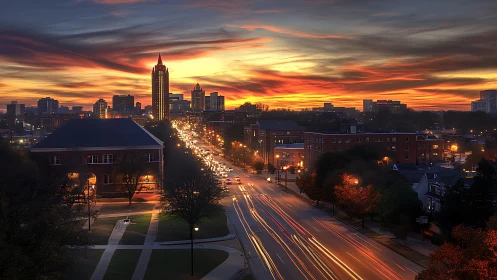 Glowing urban skyline under streaked sunset over busy avenue.
