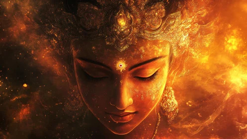 Divine female visage amid radiant fiery light field.