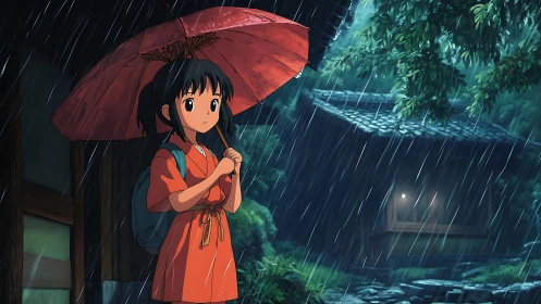 Quiet courage shines as a young girl waits in summer rain