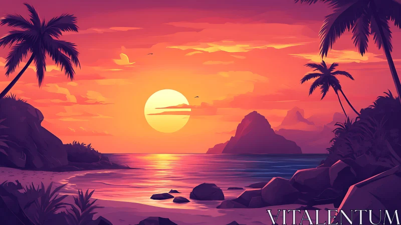Digital painting of tropical sunset bay with stylized silhouettes.