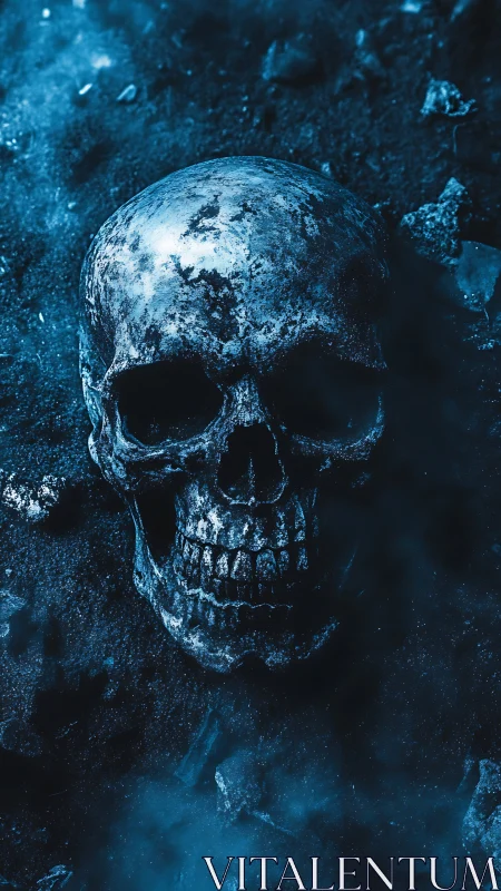 Weathered human skull in cold blue cinematic low-key lighting.