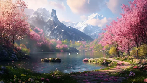 Blossoming mountain lake under snowcapped peaks in spring.