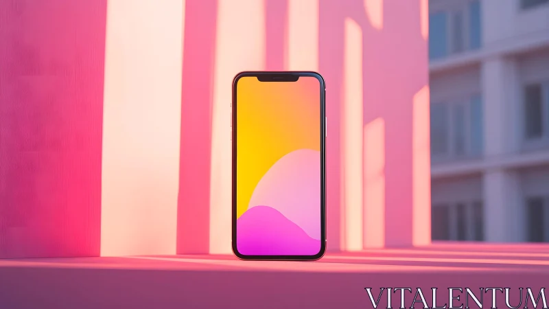 Modern smartphone on pink geometric background, minimalist style.