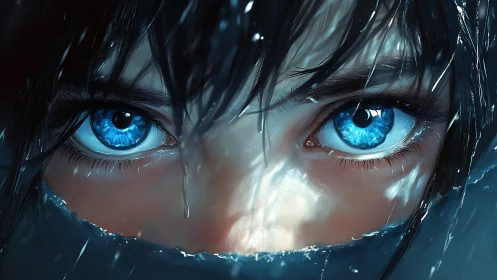 Iridescent cyan eyes under refracted snow-lit shadows.