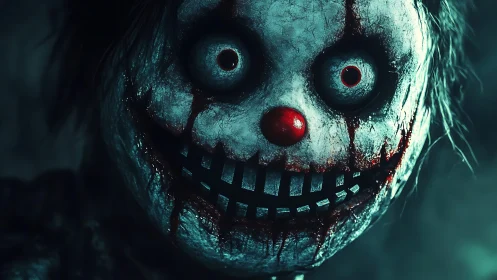 Horrific clown mask stares forward in eerie teal gloom
