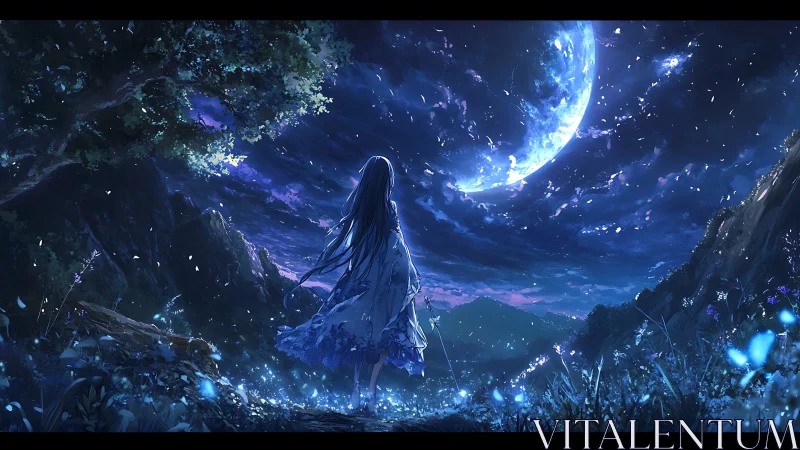 Backlit girl studies luminous crescent moon over nocturnal valley