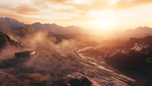 Sunlit desert highway with dust trail and retro muscle car.