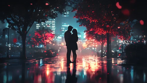 Urban Night Scene with Two Figures in Rain.