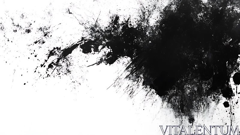Black ink explosion spreads across white background field