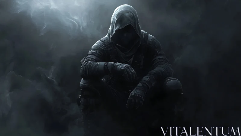 Hooded stealth operative in cinematic low‑key digital painting.