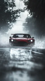 Red sports car storms through rain on a misty forest road