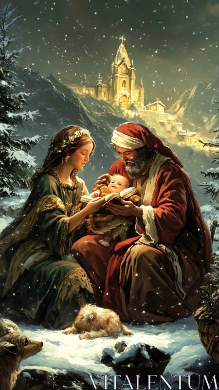 Nativity figures sit in snowy landscape before illuminated church