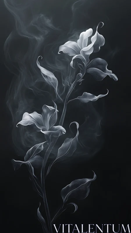 Monochrome smoke flower illustration on dark background.
