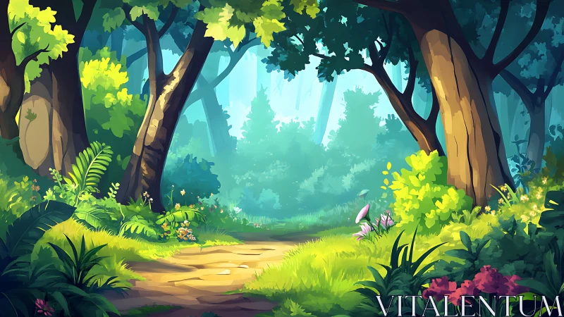 Stylized forest landscape with layered vegetation and atmospheric depth rendering