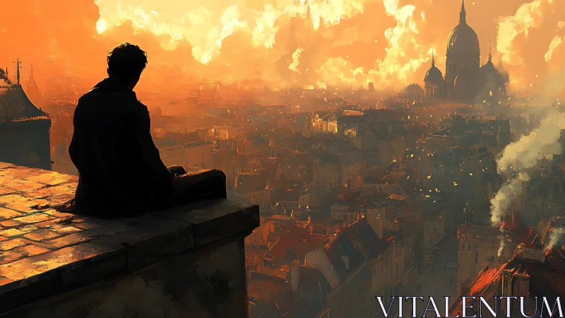 Solitary rooftop observer above sunlit smoldering cityscape