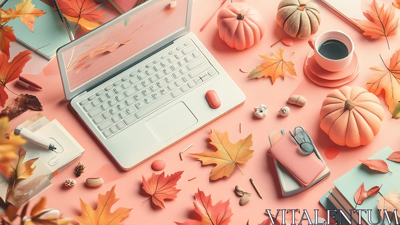 Minimalist pastel laptop workspace with autumn pumpkins and leaves