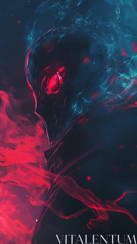 Flaming spectral figure glows with red eye in blue smoke