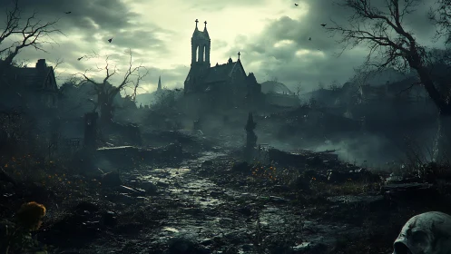 Ruined village street leads toward distant church structure