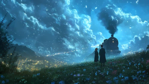 Starlit steam train pauses in a flowered meadow at night.