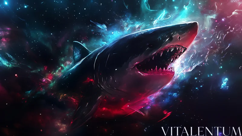 Cosmic Shark Drift; Starlit Predator in Neon Seas.