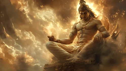 Solar-crowned deity in molten clouds of meditative thunder.
