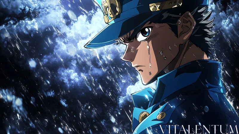 Anime soldier stands in heavy rain with intense expression