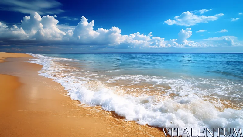 Sunlit shoreline with rolling surf under vivid blue sky.