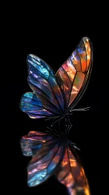Iridescent glass butterfly sculpture over mirrored black field