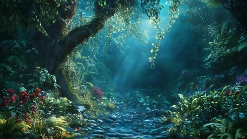 Ethereal Forest Grotto with Luminous Canopy and Cascading Vegetation.