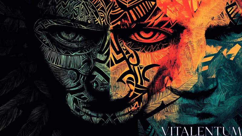 Dual-toned tribal portrait with intricate vector engravings.