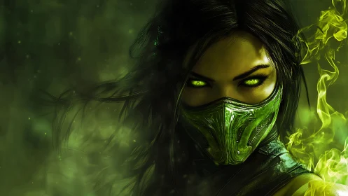 Emerald-eyed masked warrior emerging from swirling neon mist.