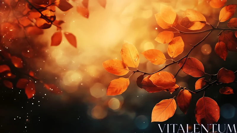 Autumn leaves glow under warm backlit golden bokeh.
