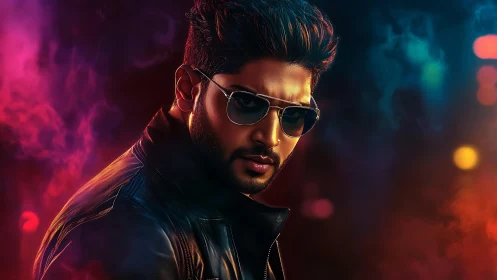 Moody neon portrait of a man in shades and leather jacket.