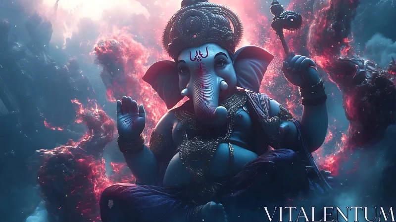 Divine Ganesha rendered in cinematic nebular light and chromatic haze