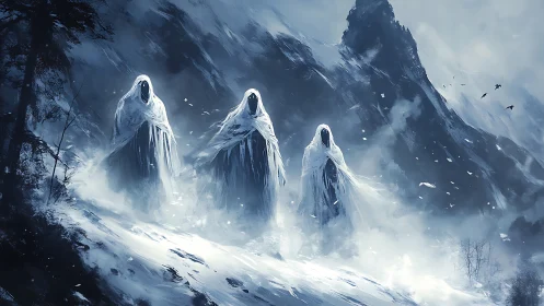 Hooded spectral figures in a stormy frozen mountain pass.