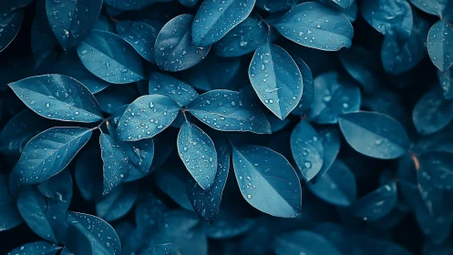 Macro chromatic study of raindrops on cyan-toned foliage.